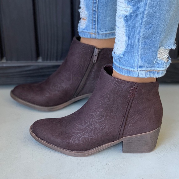 Texas Brown Brocade Floral Embossed Ankle Booties - Picture 7 of 8